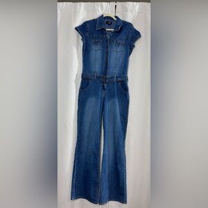 Vtg Lips Denim 1 Piece Jumpsuit Blue Women Medium Stretch Belted Y2K Wide Leg
